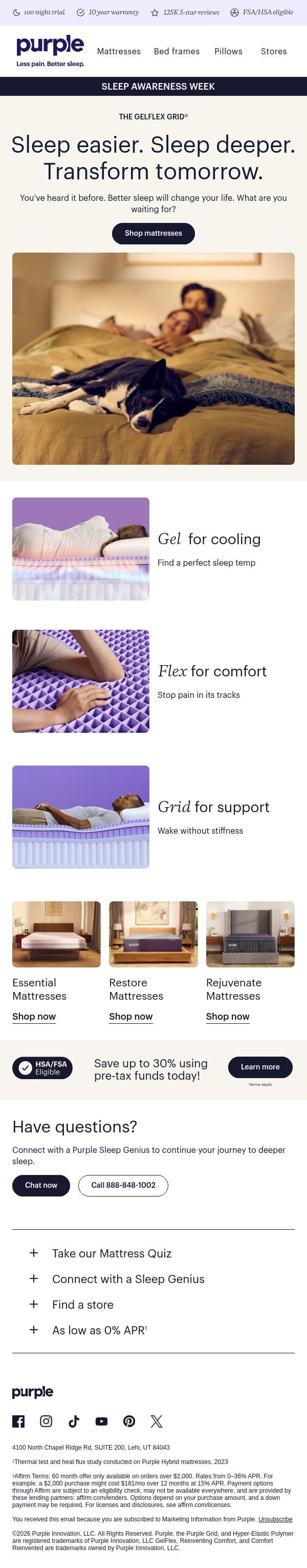 Night sweats? Stiffness? Morning aches? email from Purple screenshot