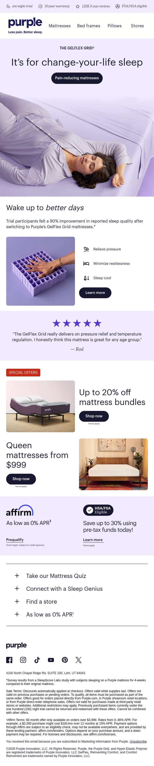 Hot, painful, restless sleep is day-ruining email from Purple screenshot