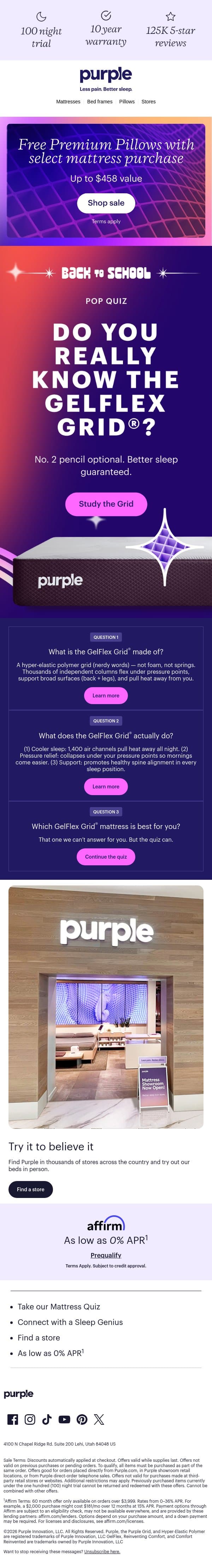 Pop quiz. We’ll help you cheat. email from Purple screenshot