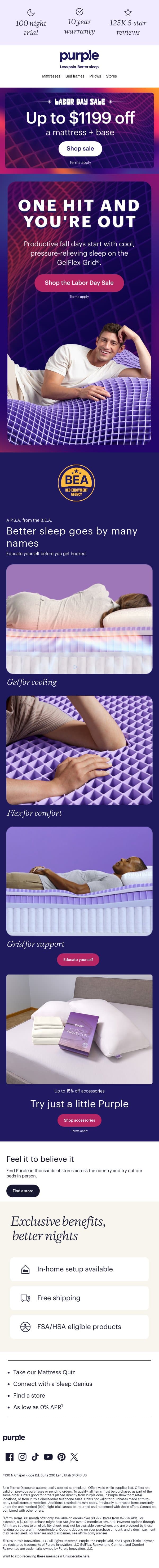 Labor Day sale starts....NOW email from Purple screenshot