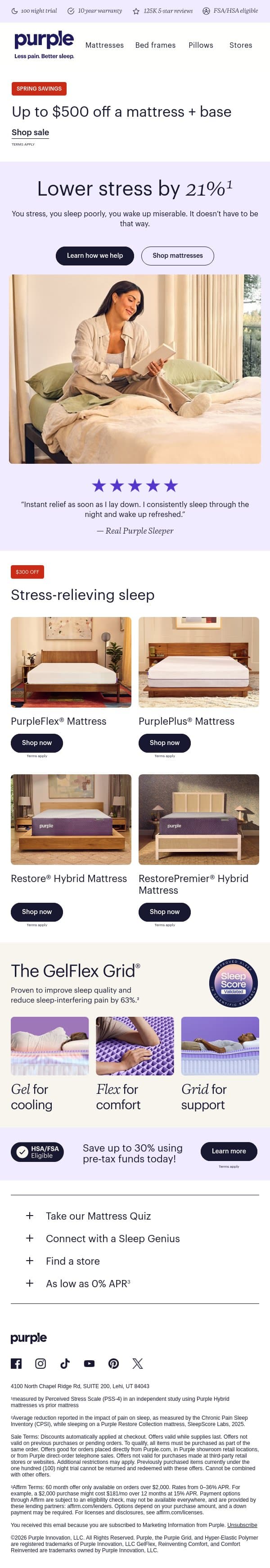 This mattress helps lower stress email from Purple screenshot