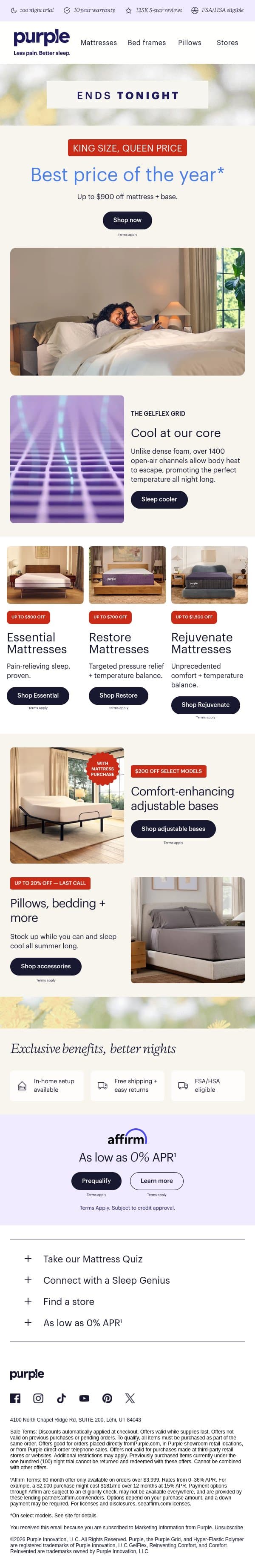 HOURS LEFT! Up to $900 off a mattress + base. email from Purple screenshot