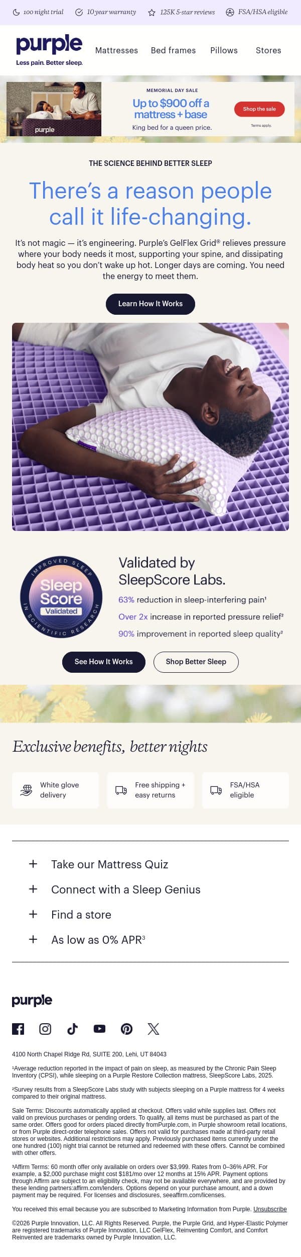 What if you could improve your sleep quality by 90%? email from Purple screenshot
