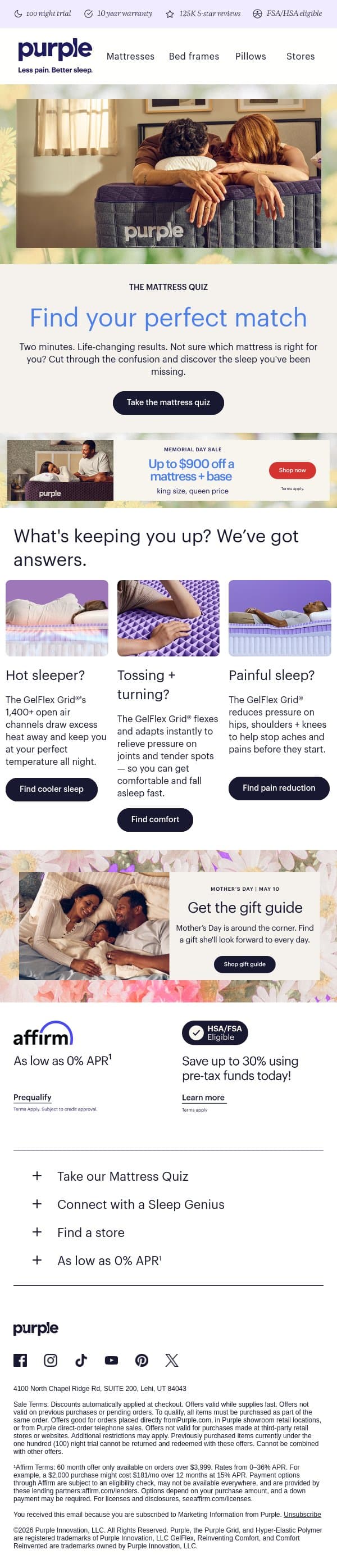 Find better sleep in 2 minutes email from Purple screenshot