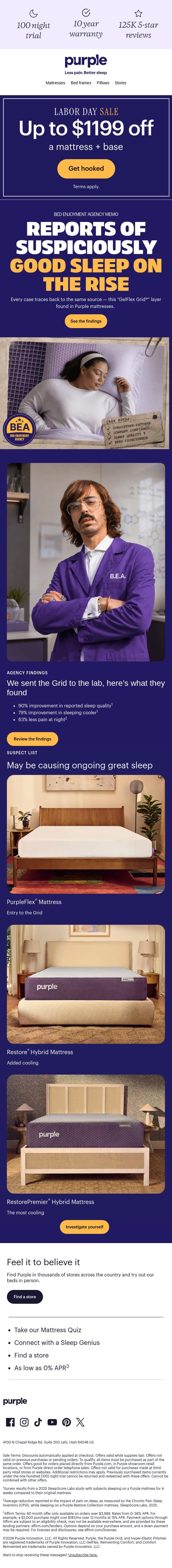 Local sleeper achieves suspicious rest email from Purple screenshot