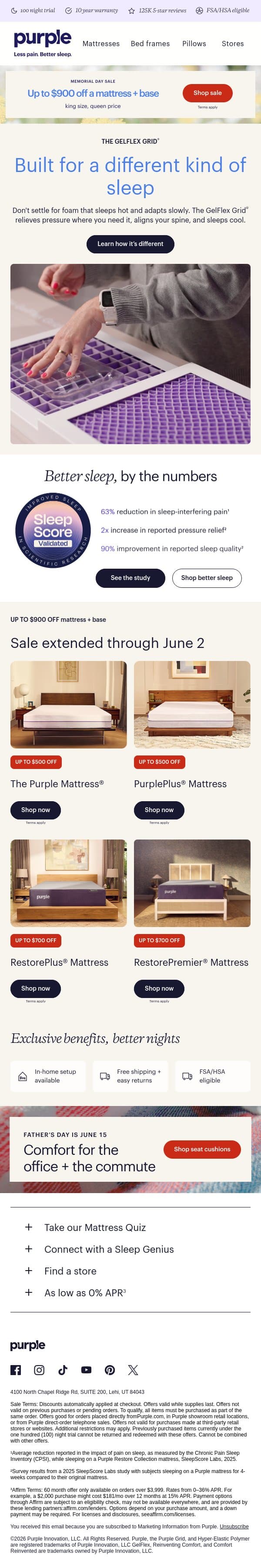 Is your mattress helping or hurting? email from Purple screenshot