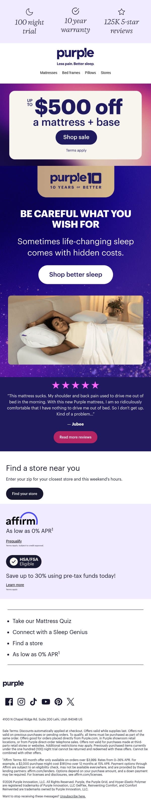 Another five-star complaint email from Purple screenshot