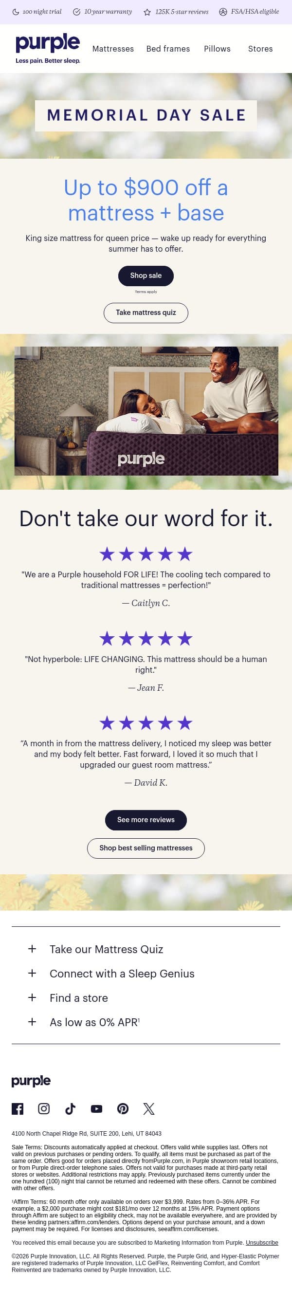 125K+ 5-star reviews. Up to $900 off. email from Purple screenshot