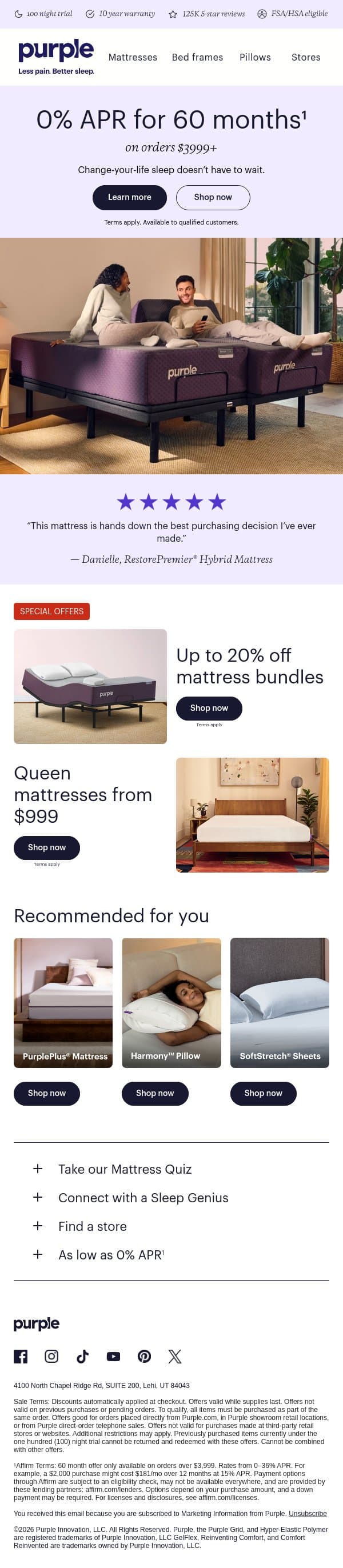 Need less pain at night now? email from Purple screenshot