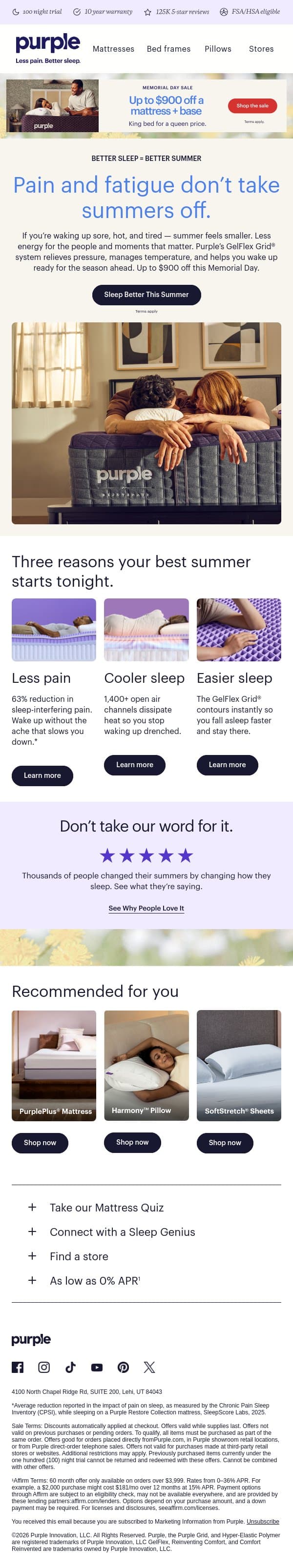 Don’t let bad sleep steal your summer. email from Purple screenshot