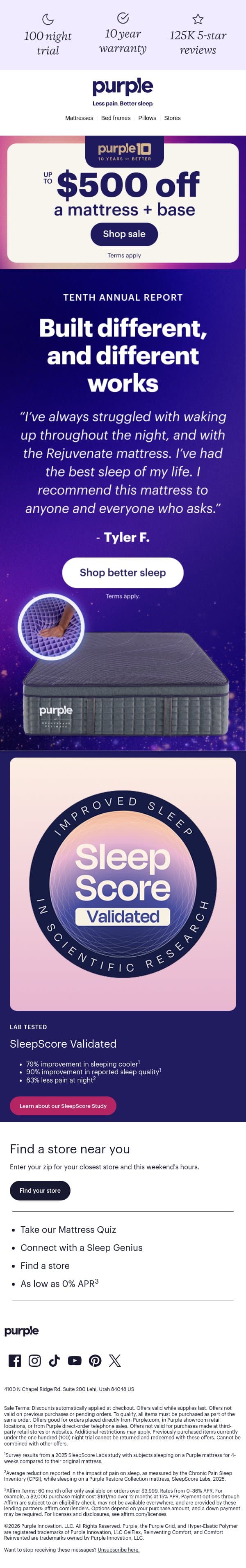 Anniversary sale ENDS TOMORROW email from Purple screenshot