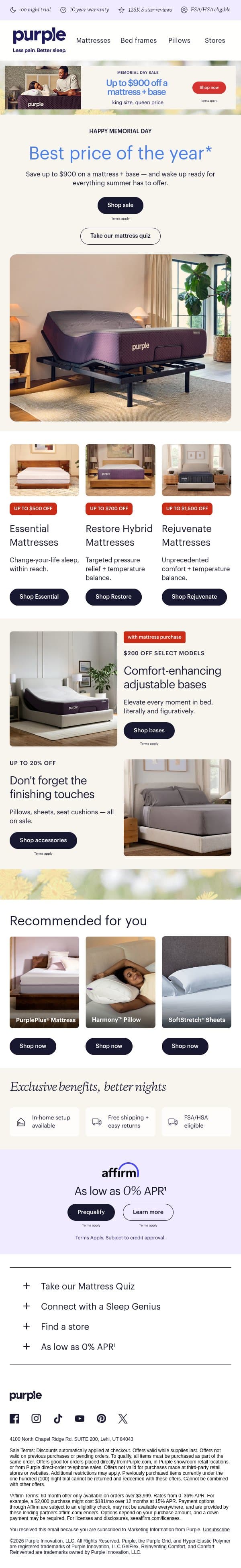 LIMITED TIME! Here’s up to $900 off a mattress + base. email from Purple screenshot