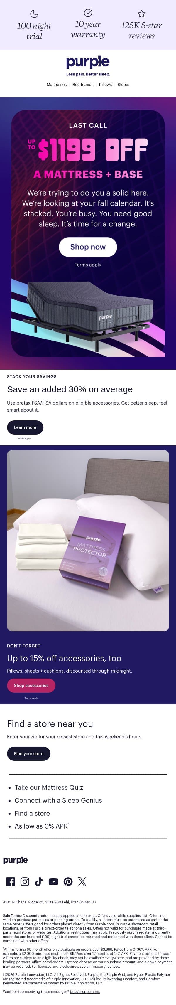 Save today or be sad tomorrow email from Purple screenshot