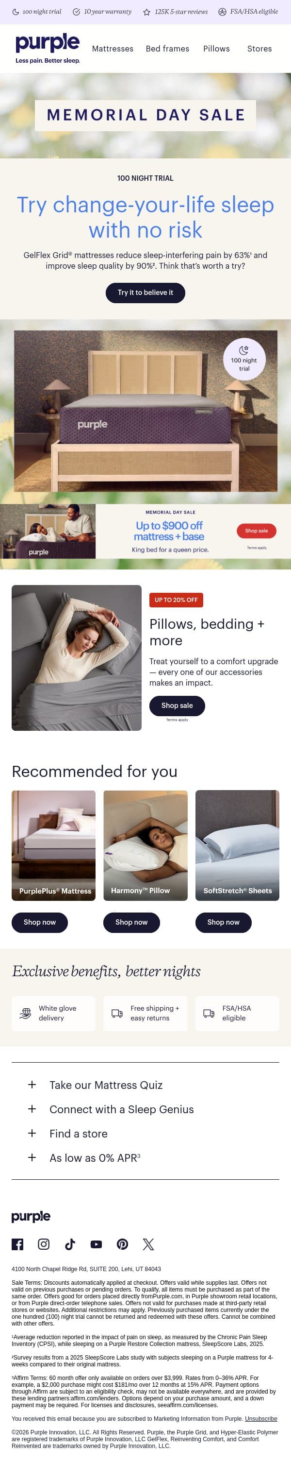 100 nights to decide. Better sleep, no risk. email from Purple screenshot