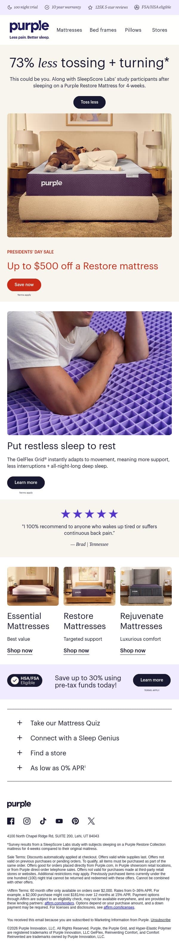 Tossing + turning all night? email from Purple screenshot