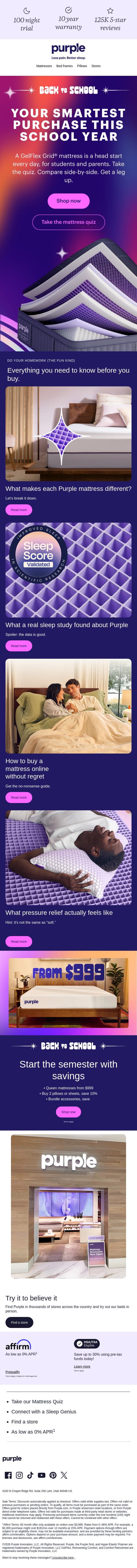 Buying a mattress online sucks (unless you’re here) email from Purple screenshot