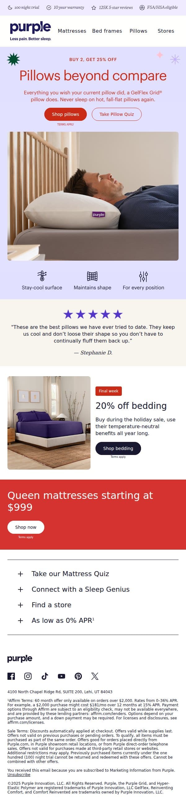 Your pillow is behind the times email from Purple screenshot