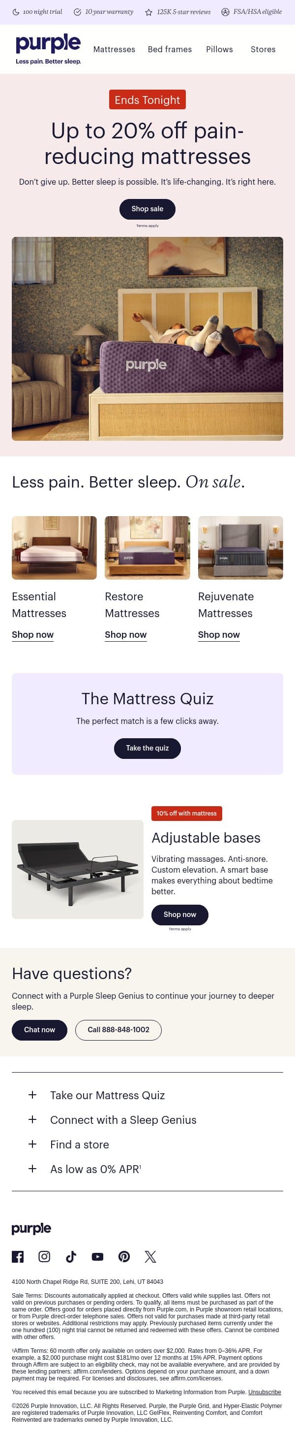 SALE ENDS TONIGHT email from Purple screenshot