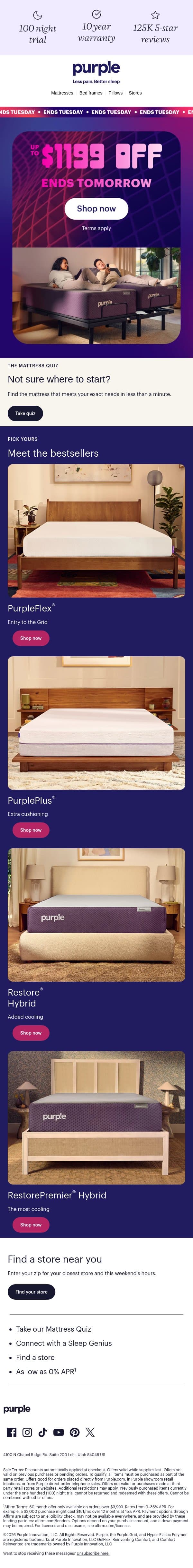 Up to $1199 off email from Purple screenshot