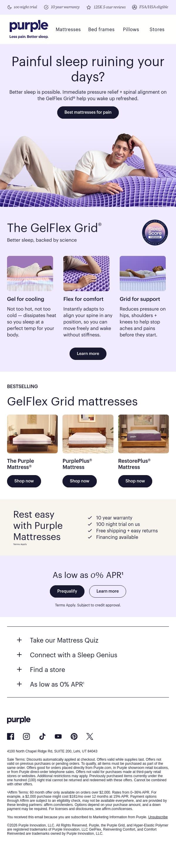 Less pressure = less pain = better days email from Purple screenshot