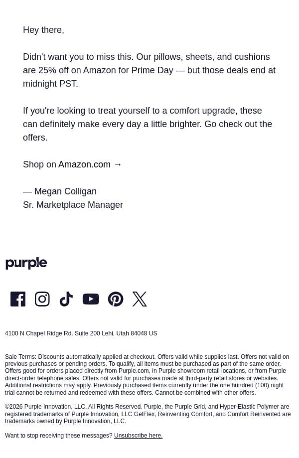 Prime Day ends at midnight — just so you know email from Purple screenshot