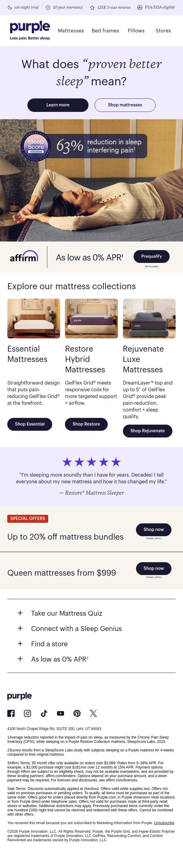 Better sleep starting at $999 email from Purple screenshot