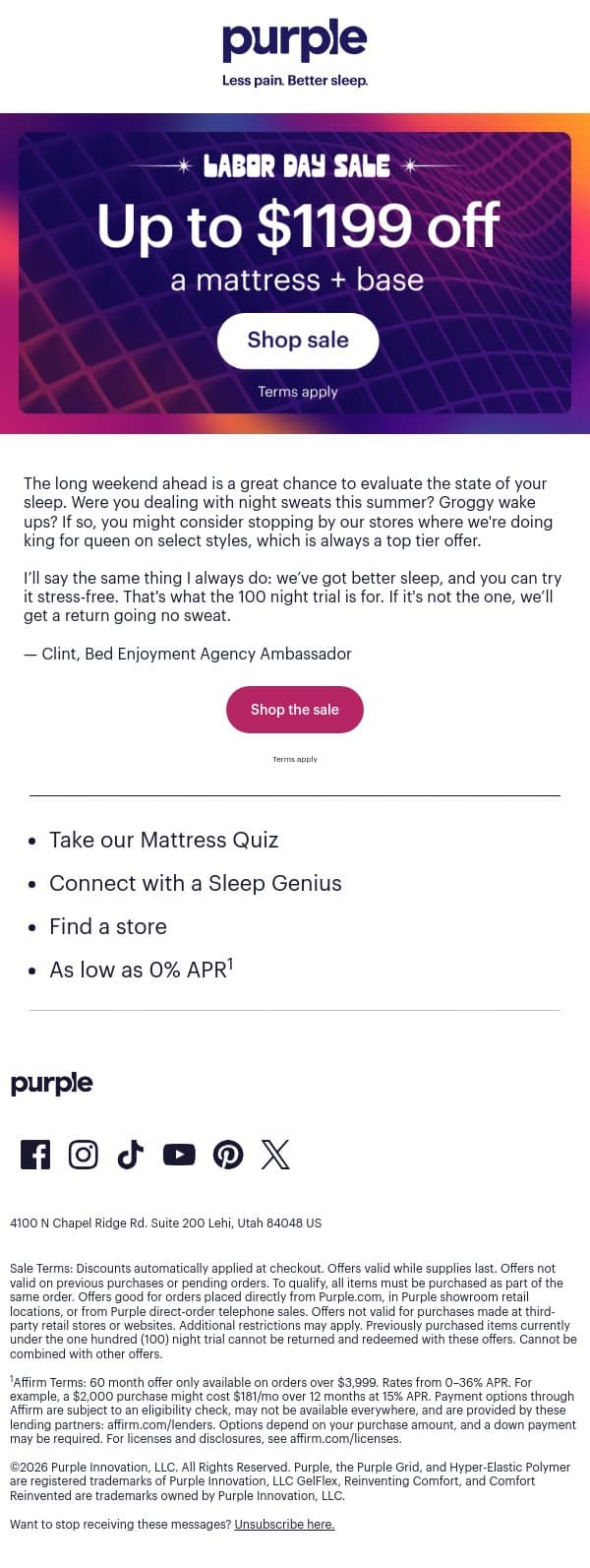 An hour this weekend might change your life. email from Purple screenshot