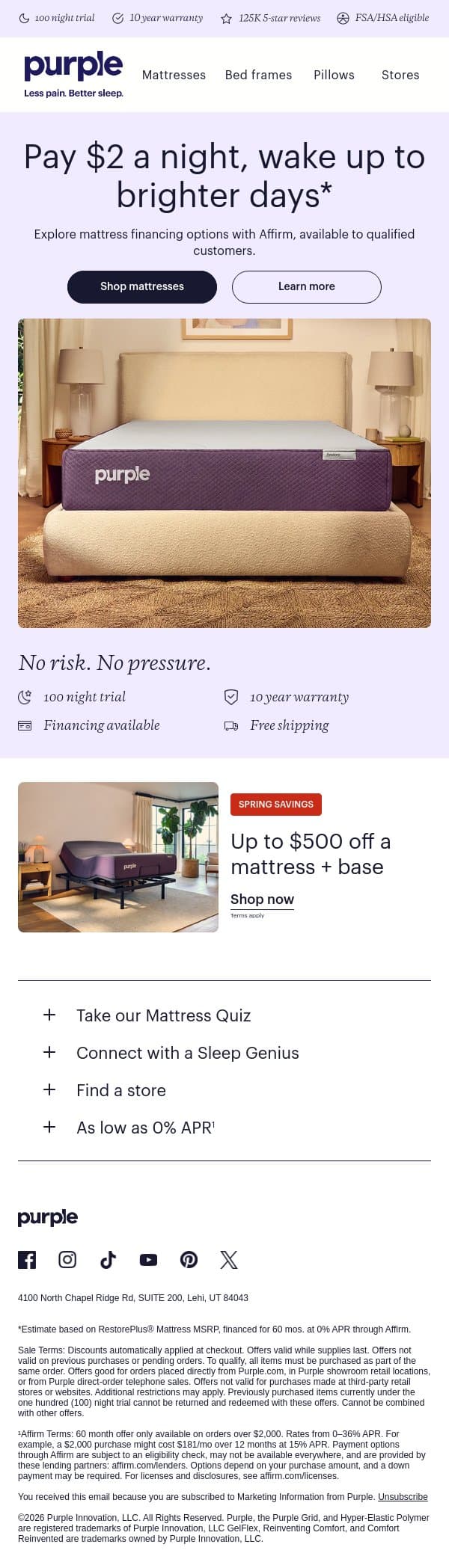 Better sleep, from $2 a night with Affirm email from Purple screenshot