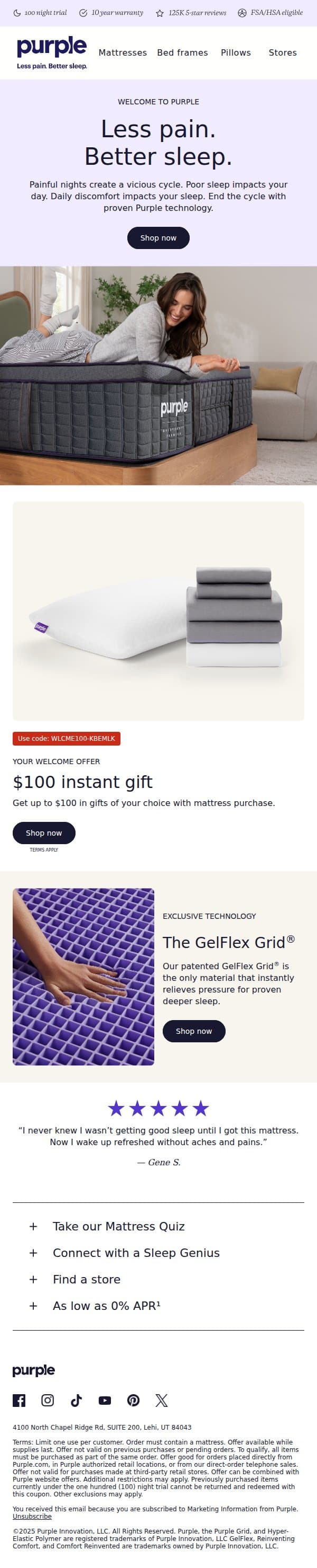 Welcome to Purple — offer inside! email from Purple screenshot