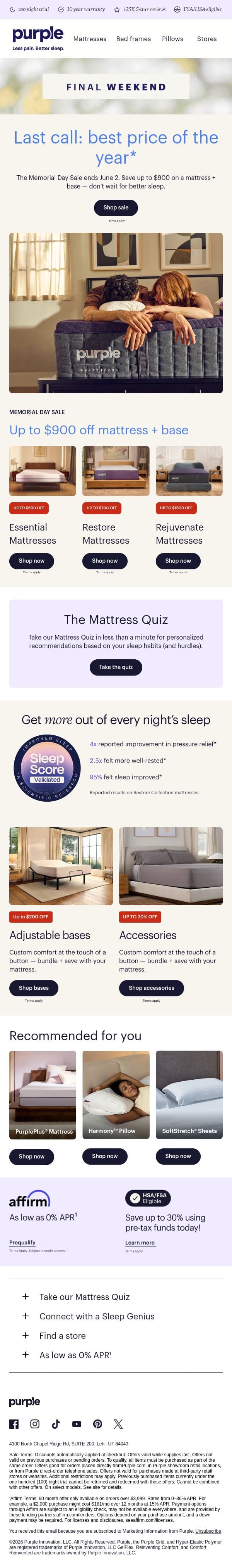 Last weekend for Memorial Day savings. email from Purple screenshot