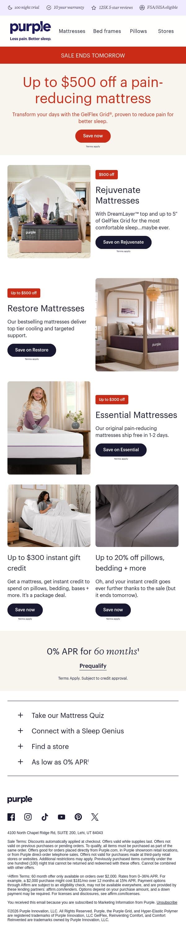 Less pain. Better price. ENDS TOMORROW. email from Purple screenshot
