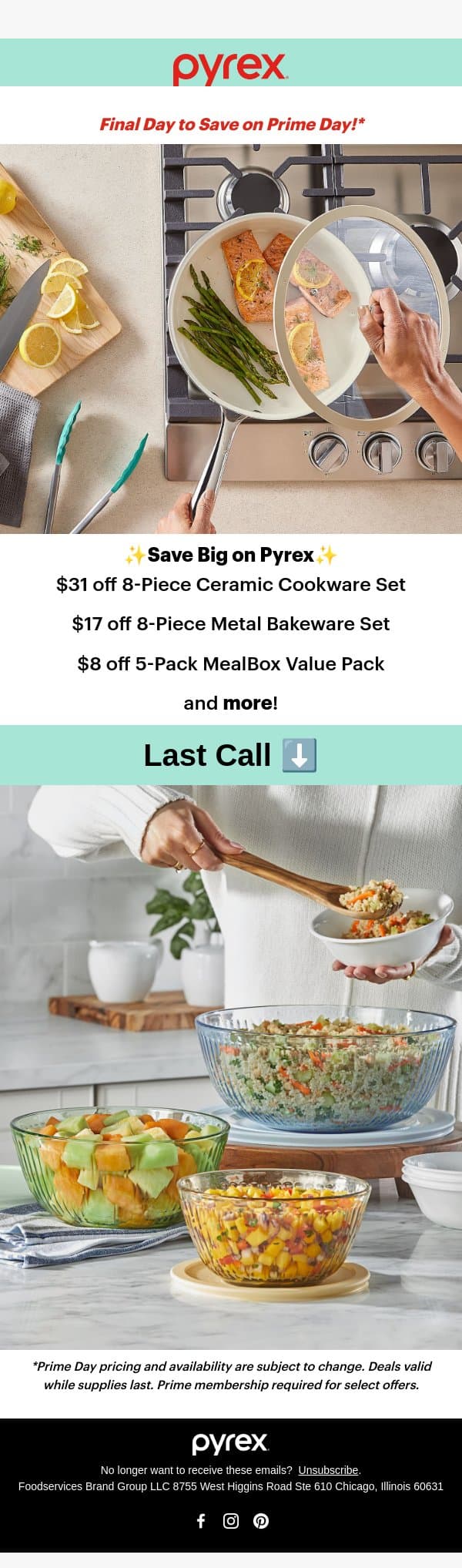 Last Call for Prime Day Savings! 🛒 email from Pyrex screenshot