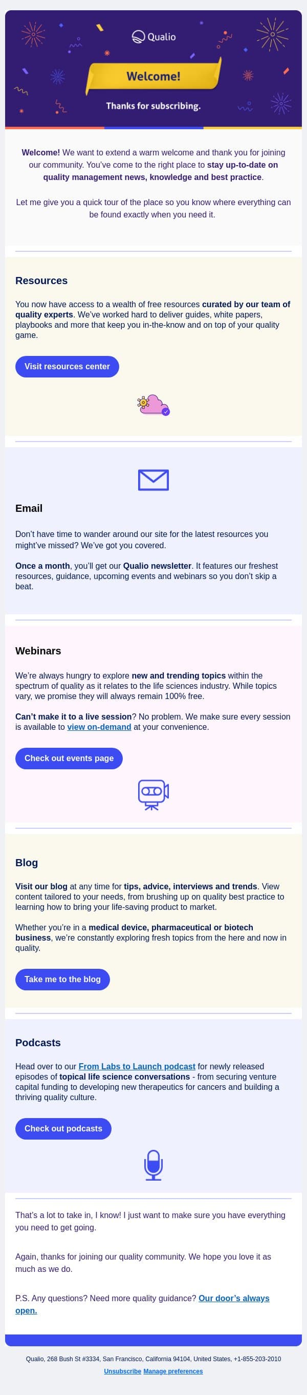Hi friend, welcome to the Qualio community! email from Qualio screenshot