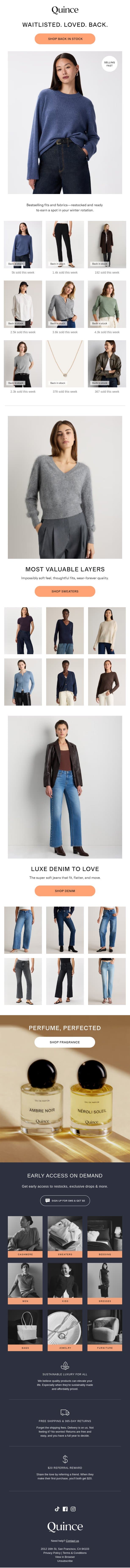 BACK IN STOCK email from Quince screenshot