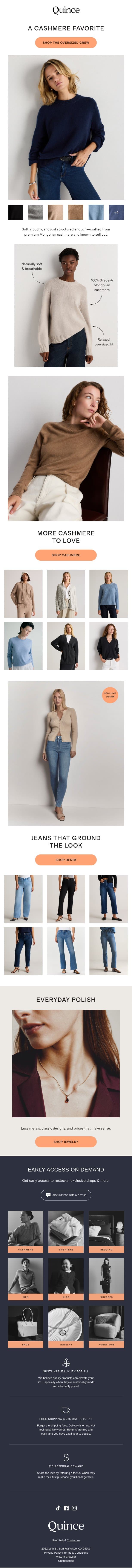The oversized cashmere crew email from Quince screenshot