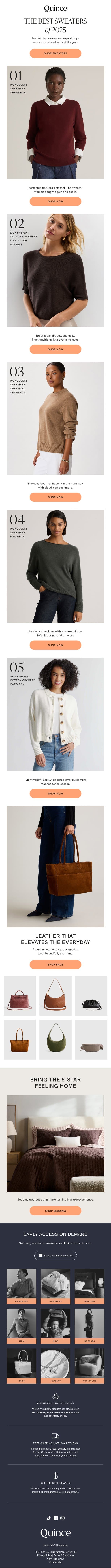 2025’s BEST SWEATERS email from Quince screenshot
