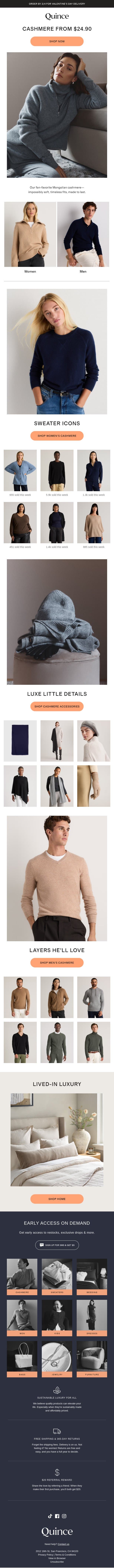 Cashmere starting at $24.90. Yes, really. email from Quince screenshot