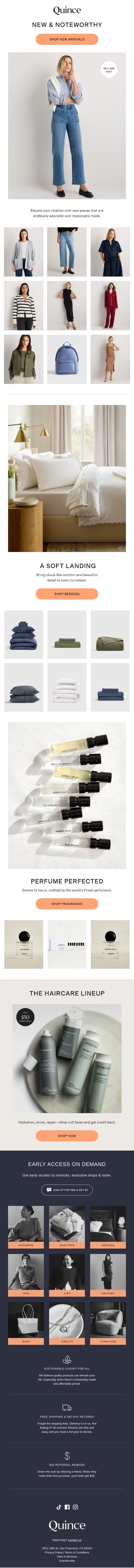 Huge new arrivals alert email from Quince screenshot