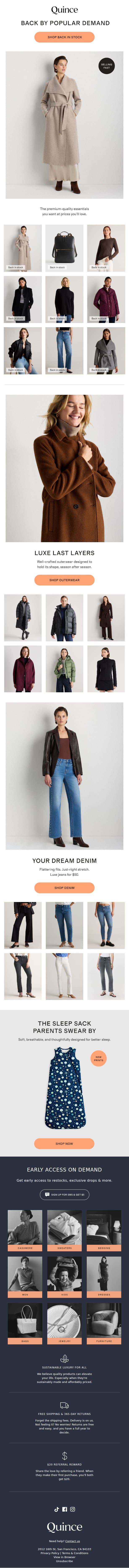**Your back-in-stock notification** email from Quince screenshot