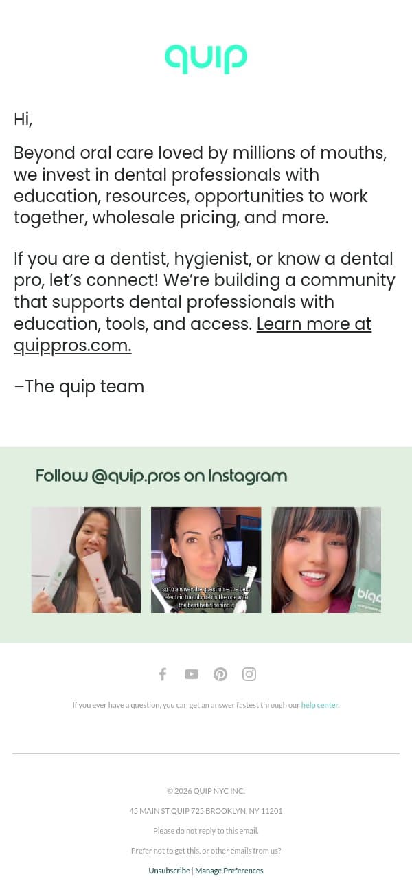 🦷 Are you a dental pro? email from Quip screenshot