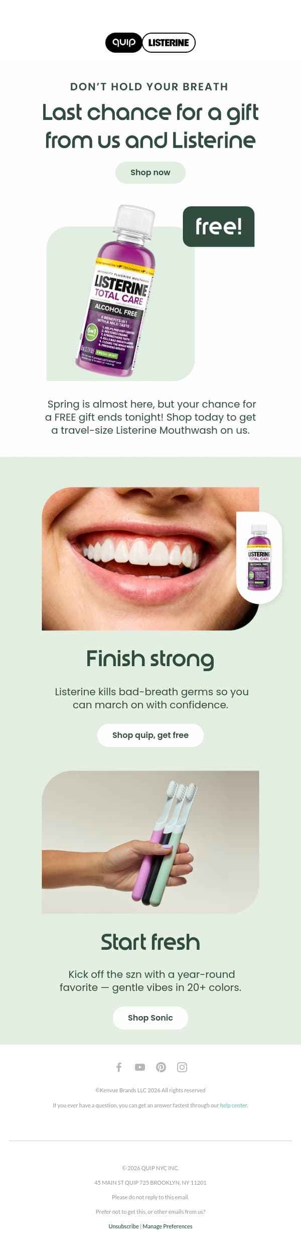 Last day for a FREE gift 🙌 email from Quip screenshot