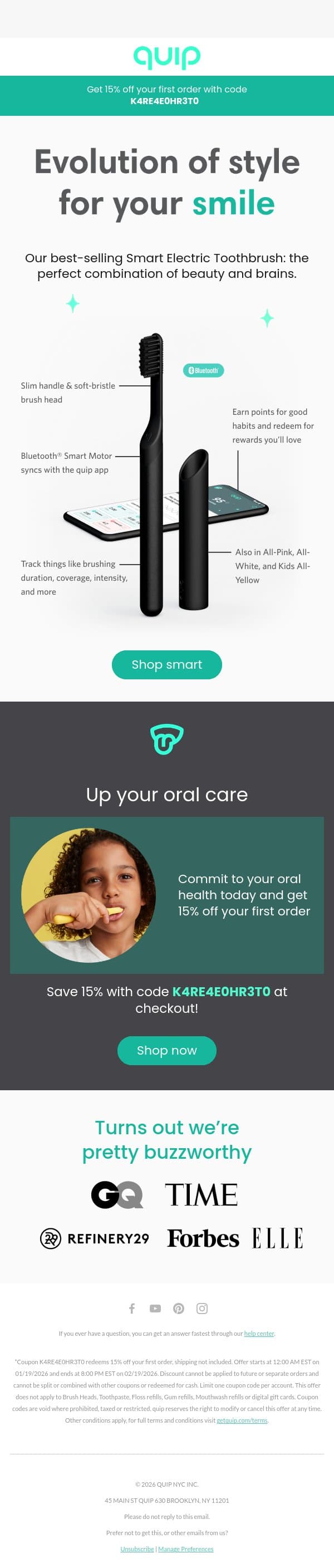 Brush up on your oral care, on us email from Quip screenshot