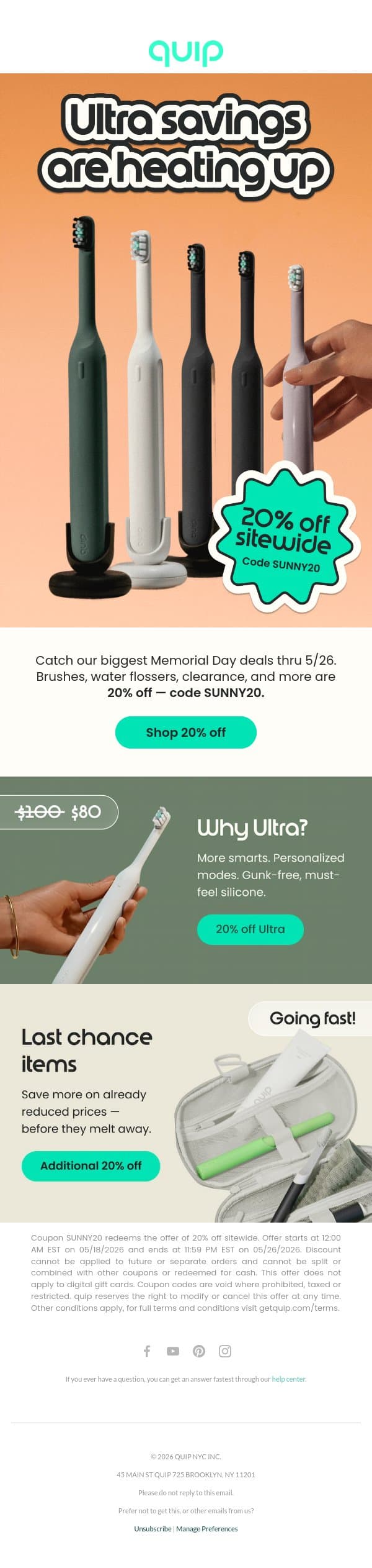 Don’t miss 20% off (clearance too!) email from Quip screenshot