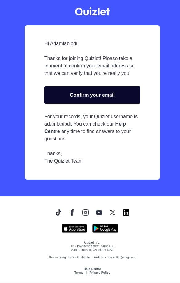 Please confirm your email address on Quizlet 🙏 email from Quizlet screenshot