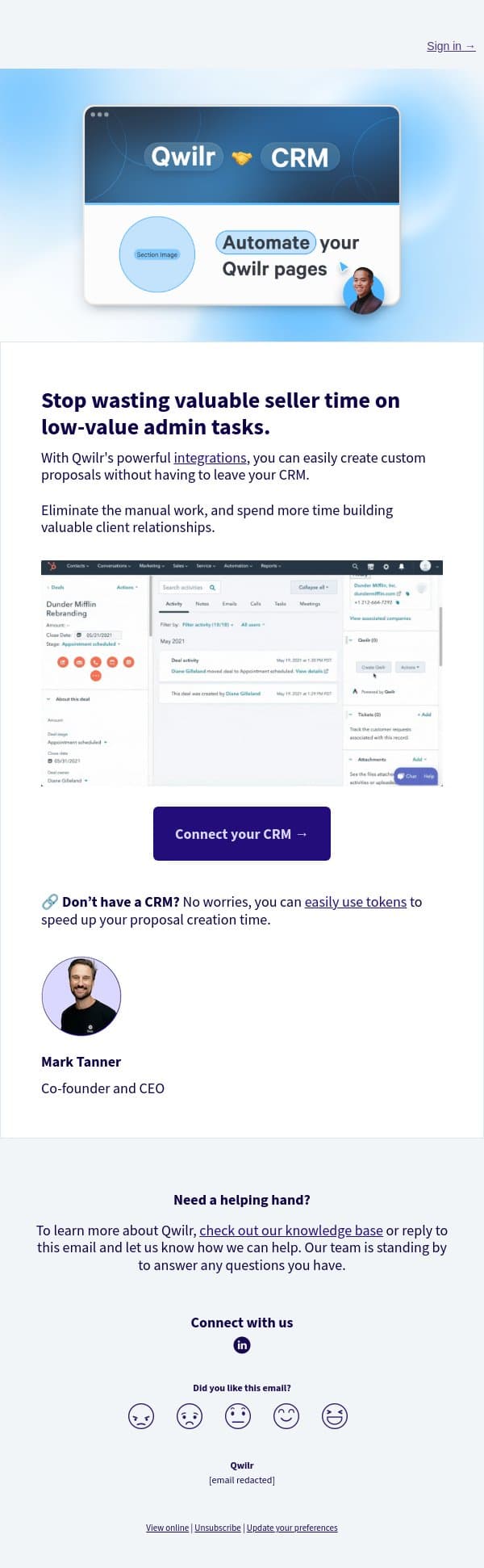 Automate your proposal creation and save valuable time! 🕒 email from Qwilr screenshot