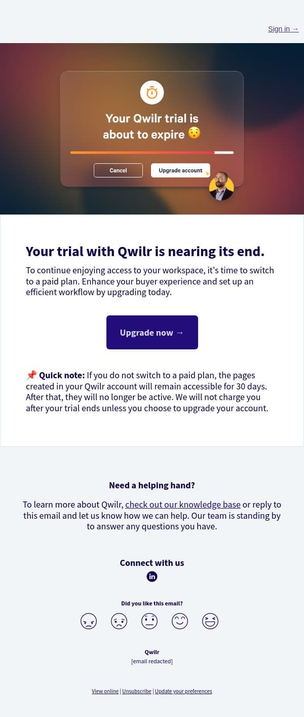 Your trial is about to expire 😮 email from Qwilr screenshot