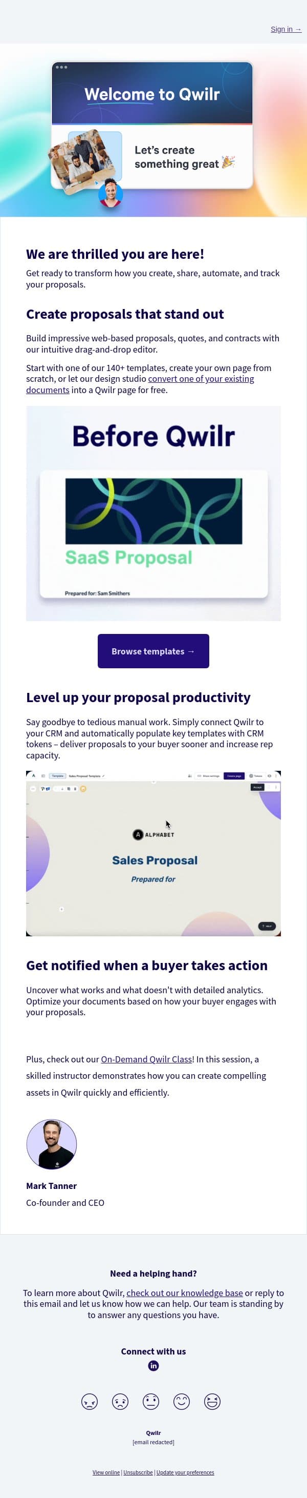 Welcome to Qwilr! 🚀 email from Qwilr screenshot