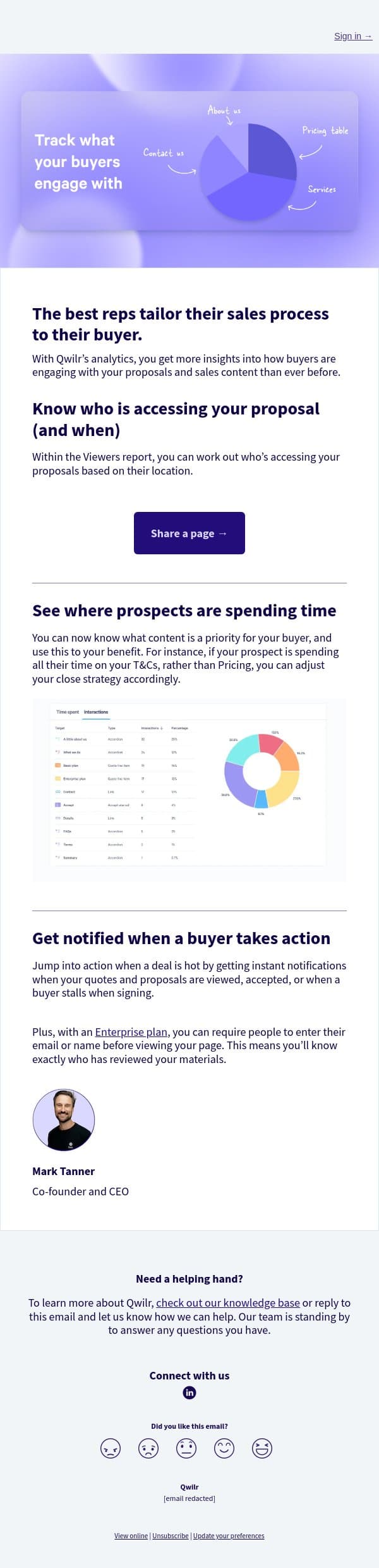 Track buyer engagement like never before email from Qwilr screenshot