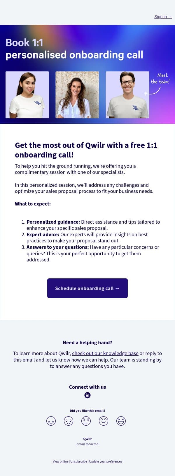 Let's get you fully set up on Qwilr — schedule your free call! email from Qwilr screenshot