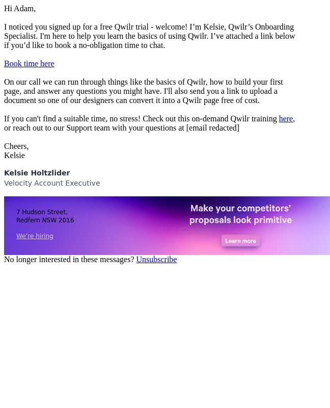Qwilr Trial Onboarding email from Qwilr screenshot